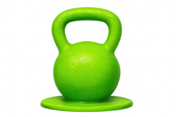 Green kettlebell standing on a base, fitness equipment for strength training and workout exercises