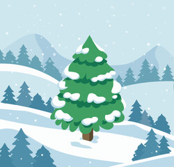 Winter Christmas tree landscape. Snowy pine forest illustration.