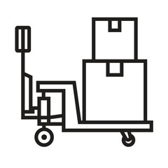 Pallet jack with stacked boxes. Outline icon. Vector illustration.