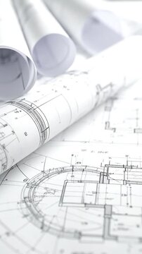 Architectural blueprints, rolled and unfolded. Detailed drawings on white paper, construction plans