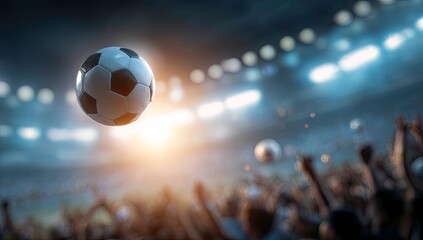 Fototapeta premium Soccer ball soaring through stadium lights with cheering crowd below