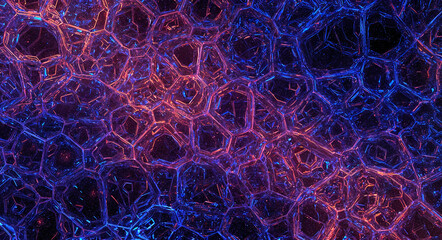 A complex network of interconnected hexagons with a blue to red gradient, ideal for tech backgrounds, scientific visualizations, and modern abstract design.