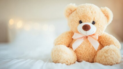 Obraz premium Soft teddy bear sitting on a cozy bed in a bright room