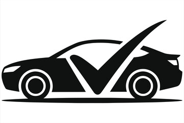 Car with check mark icon. Vehicle service, repair and maintenance done concept. Auto inspection approved symbol. Black and white vector illustration