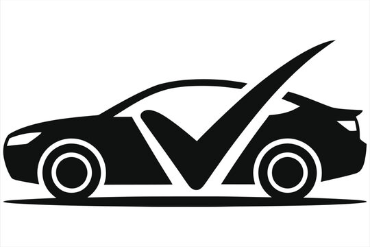 Car with check mark icon. Vehicle service, repair and maintenance done concept. Auto inspection approved symbol. Black and white vector illustration