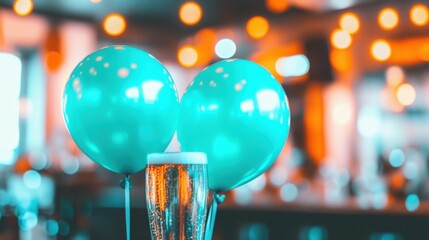 Celebration scene with teal balloons and a glass of beer in a lively bar setting