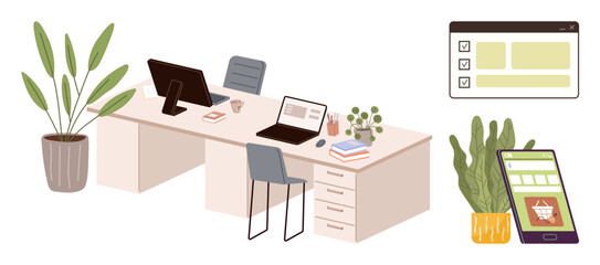 Workspace with desk, computer, laptop, chair, and decor. Includes plants, task checklist, mobile shopping app. Ideal for productivity remote work e-commerce organization minimalism tech use