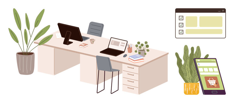 Workspace with desk, computer, laptop, chair, and decor. Includes plants, task checklist, mobile shopping app. Ideal for productivity remote work e-commerce organization minimalism tech use
