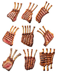 Juicy grilled rack of lamb with char marks, seasoned and cooked to perfection, isolated on white transparent background, concept of gourmet cuisine