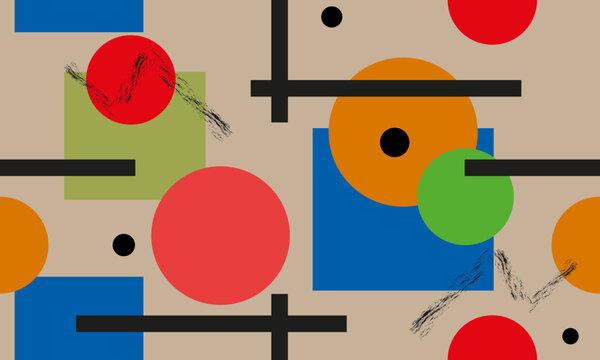 Seamless abstract pattern in pop art style. Bright geometric shapes on a beige background.