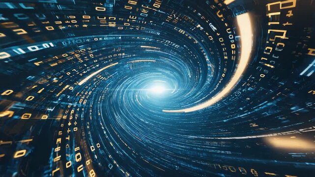 Abstract digital data tunnel technology background with binary code and light effect