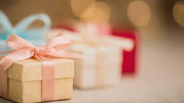 Colorful gift boxes with ribbons on a wooden surface during festive season