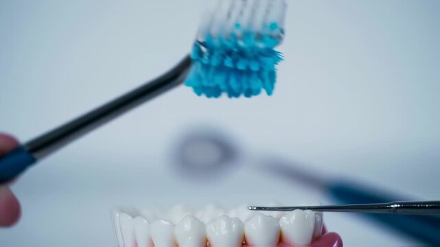 Dental model with a tool, showing teeth and gums.  A dental tool is positioned near a row of teeth on a dental model.  A toothbrush is out of focus in the background