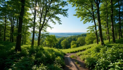 Sunny Forest Footpath – Idyllic Green Deciduous Woodland Trail for Eco Tourism and Summer Travel