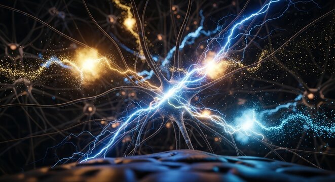 Neural Network Connection Spark Electrical Activity Brain Cells Synapse Digital Art Science Abstract Dark Background