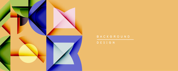 Abstract geometric composition. Overlapping shapes create dynamic visual effect. Warm beige background complements vibrant colors, offering modern design element.