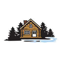 Rustic Log Cabin by a Creek Surrounded by Pine Trees Illustration