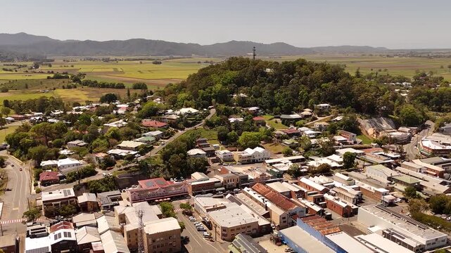 Drone footage of Murwillumbah looking north in northern New South Wales in Spring