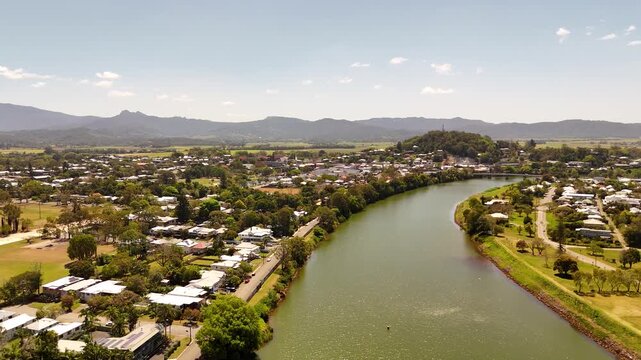 Panning from the sporting field in Murwillumbah across the Tweed River