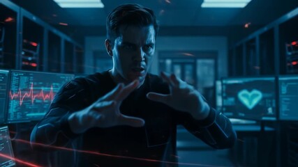 Man interacting with cyberspace in a dark server room, manipulating data with glowing red lines for technological innovation footage. - Powered by Adobe