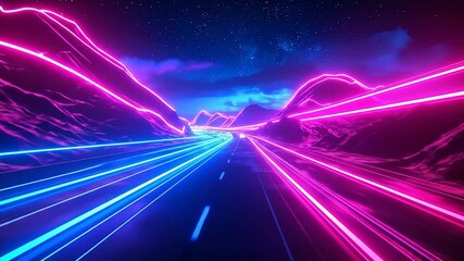 A vibrant neon highway winds through stylized mountains under a starry night - Powered by Adobe