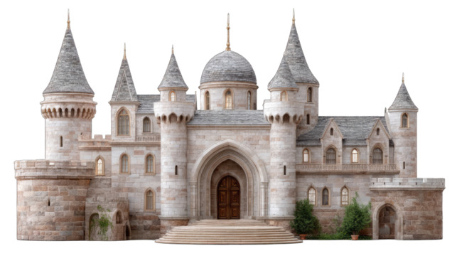 Ornate Fantasy Castle Model with Multiple Towers and a Central Dome Detailed Stone Architecture with Golden Doors and Greenery Set Against a Transparent Background