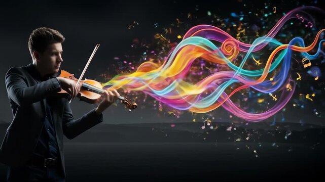 Man playing violin with vibrant musical notes and fluid lines flowing from instrument, abstract visualization of sound footage.