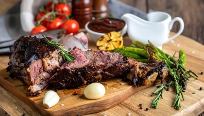 Sliced roasted meat on a wooden board with vegetables
