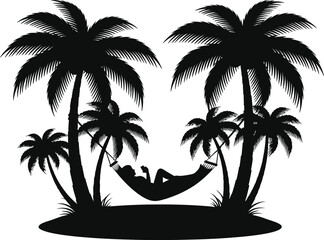 Silhouetted palm trees and hammock scene depicting tropical relaxation and vacation vibes flat design vector illustration isolated on transparent background