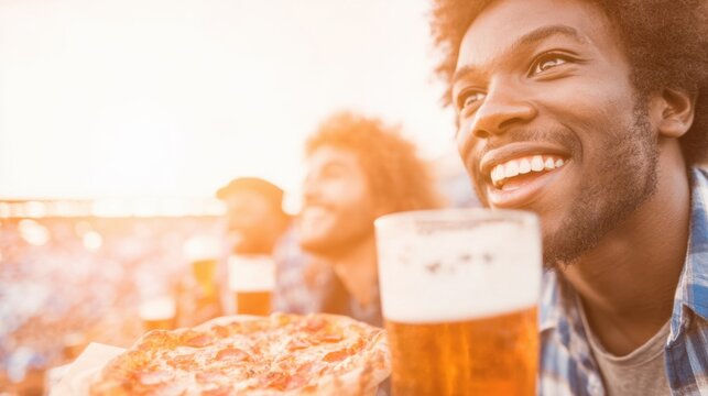 Smiling man enjoys beer and pizza at outdoor event with friends in the evening - Powered by Adobe