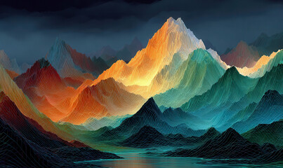 Vibrant mountain landscape at dusk digital art nature tranquil environment aerial view abstract concept