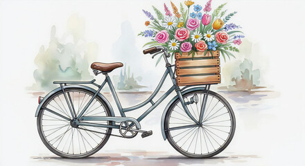 retro delivery bicycle with wooden crate full of flowers, watercolor aesthetic, charming composition