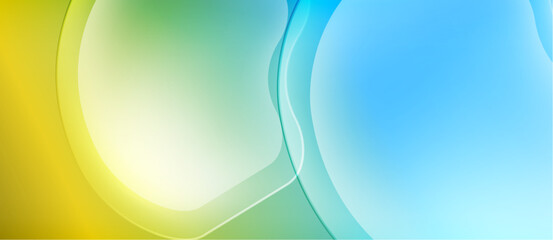 Obraz premium Abstract fluid shapes blend yellow, green, blue hues. Smooth gradients create dynamic, flowing composition. Light reflects softly.