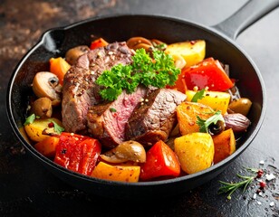 Sliced steak with roasted vegetables in cast iron pan