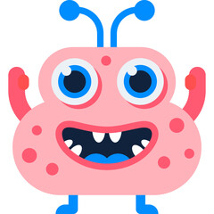 Pink cartoon monster with big blue eyes and a wide smile wearing coral arms and blue legs set against a transparent background