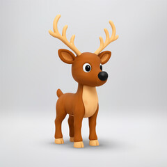 Cute cartoon deer with antlers. Christmas holiday character for children storybook illustration or festive season greeting card. 3D Vector illustration