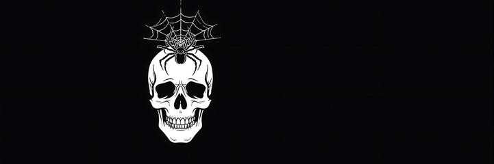 Creepy human skull with a spiderweb on a dark background with copy space, perfect for Halloween banners, spooky posters, haunted party invitations, and horror-themed digital designs. AI-generated