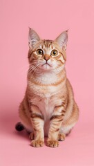 Obraz premium Adorable ginger tabby cat sitting alertly on a sweet pink background waiting for affection