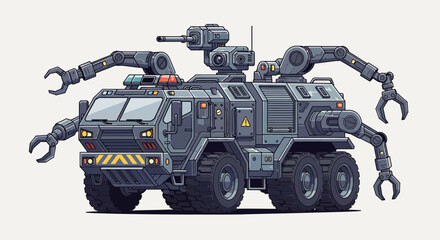 Advanced Military Armored Vehicle with Robotic Arms and Turrets. © Fajar Amina