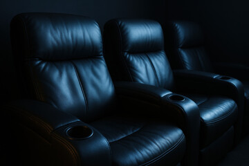 Obraz premium Comfortable black leather theater chairs with cup holders in dark home entertainment room interior