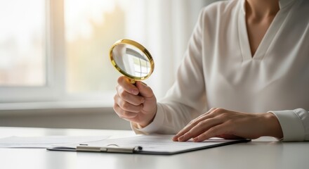 Businesswoman Holding Magnifying Glass While Analyzing Document, Close-Up of Hands, Concept of Audit, Investigation, and Document Review in Office Setting