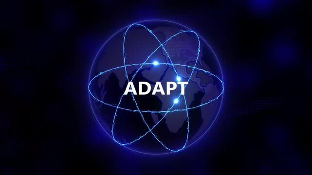 Futuristic Adapt concept. Business, technology and global connection background. Glowing holographic planet earth digital network with collaboration, innovation and corporate leadership. 