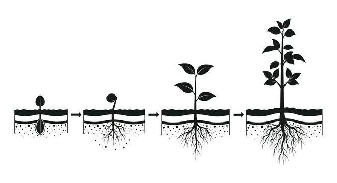 Plant growth stages illustration showing seed germination to a small plant