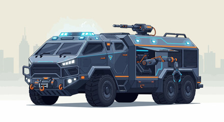 Armored vehicle with mounted weapon and emergency lights ready for action. © Fajar Amina