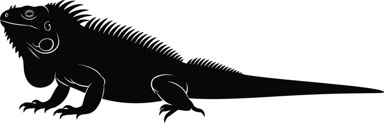 Dramatic black silhouette of an iguana reptile in profile detailed texture and spikes flat design vector illustration isolated on transparent background