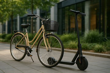 Obraz premium Bicycle and Electric Scooter in Modern Urban Environment