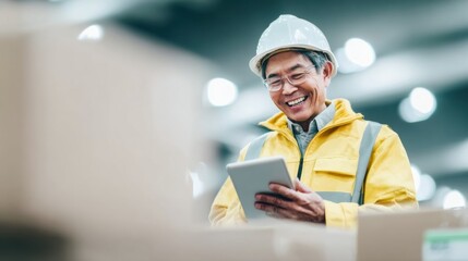 Smiling worker in a warehouse using a tablet during a busy day