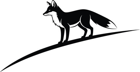 Elegant black fox silhouette standing on a curved line minimalist design flat design vector illustration isolated on transparent background
