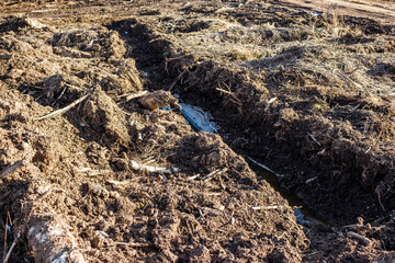 Rough, disturbed ground featuring a muddy trench with icy water and organic debris. A raw landscape depicting environmental changes or ongoing land works
