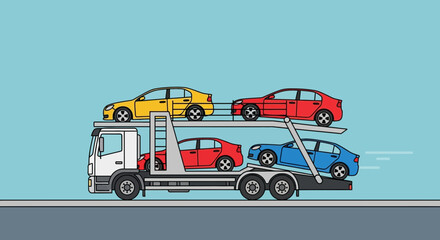 Car carrier truck transporting multiple new automobiles for delivery.